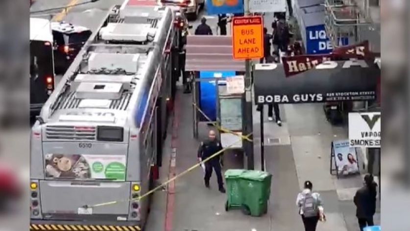 A 15-year-old Chinese American student is stabbed on a bus on his way home after school. The bus stops next to the Stockton Street tunnel for investigation. Twitter photo