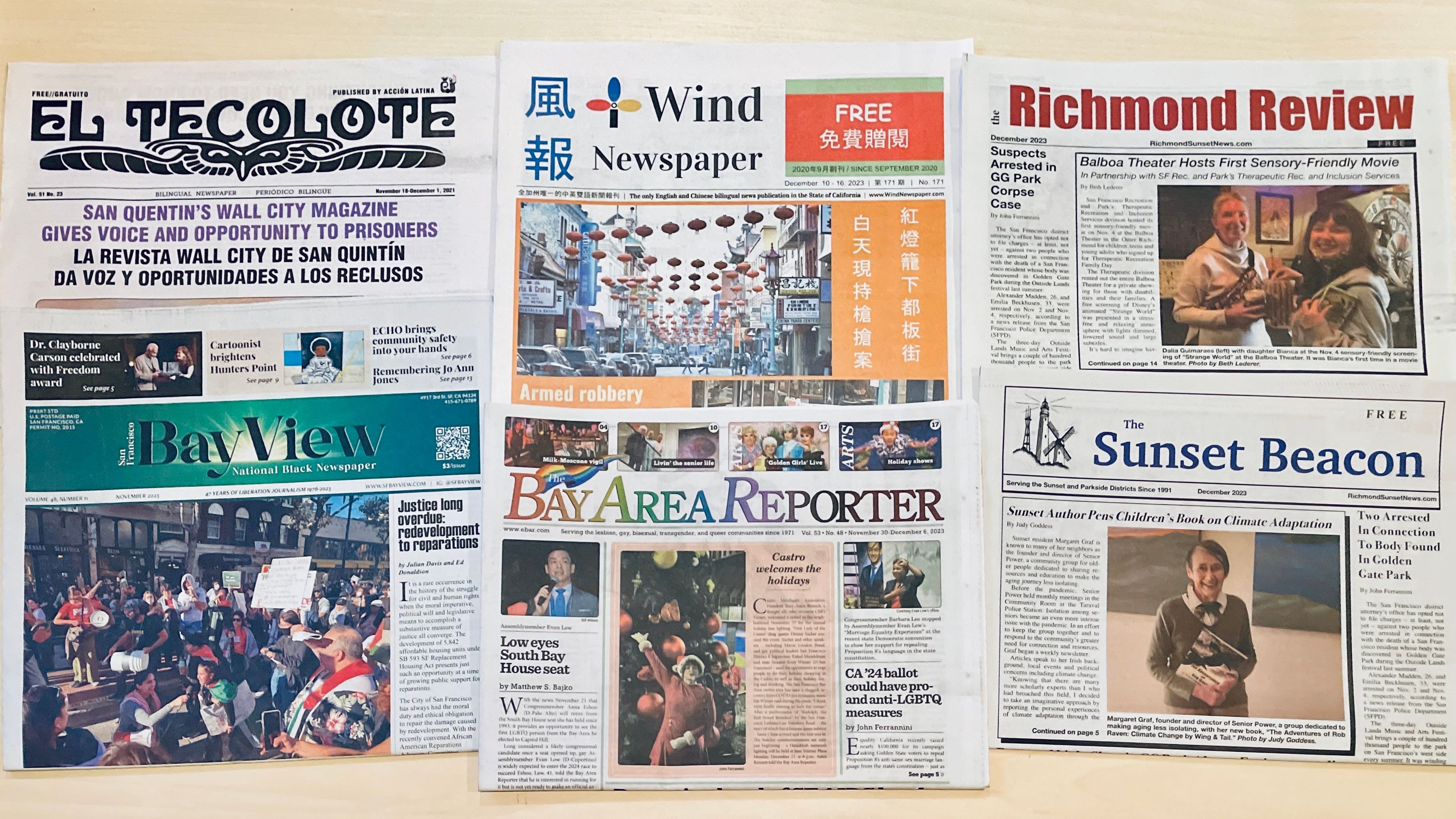 These locally-owned community newspapers in San Francisco keep their communities informed with free local news services. Photo by Portia Li