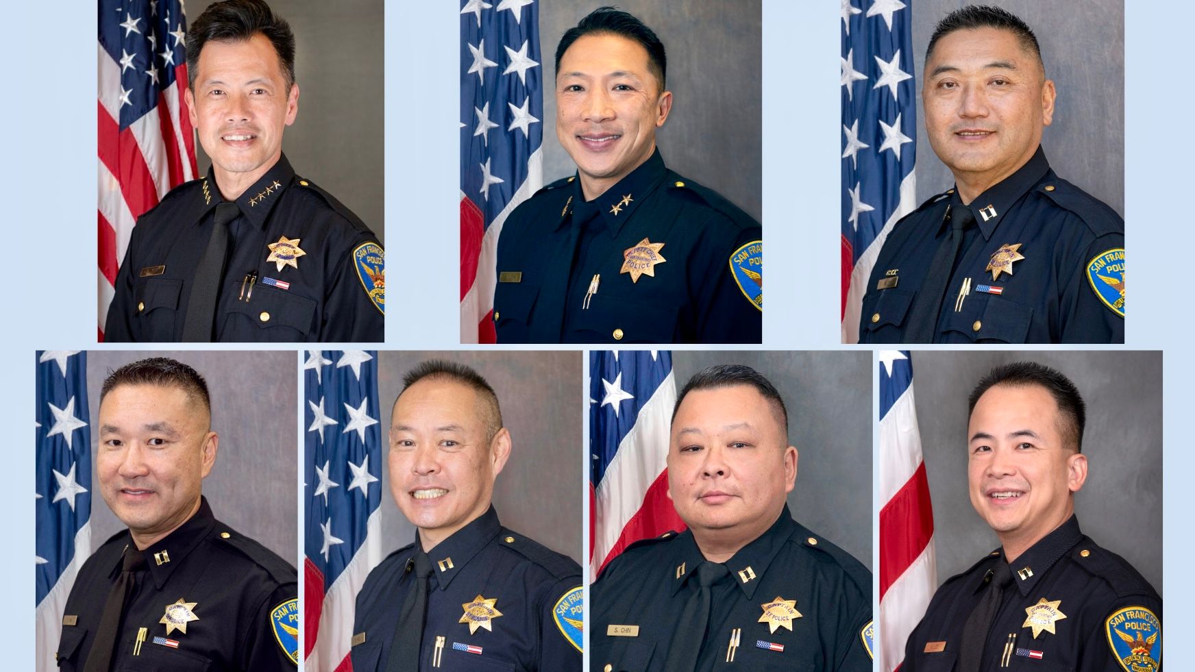 The highest ranking six Asian officers behind Interim Chief Paul Yep (top row from left to right) at the SFPD are Deputy Chiefs Derrick Lew and Mark Im, Commanders Eric Kim (2nd row from left to right) and Brien Hoo, Captains Sergio Chin and Kevin Lee. Courtesy photos SFPD