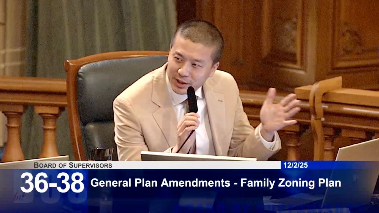 District 4 Supervisor Alan Wong was appointed by Mayor Daniel Lurie on December 1. On the next day, December 2, Wong joins six Supervisors to vote for the Family Zoning Plan in his first Board of Supervisors meeting. The plan was proposed by Luire with a goal of expanding housing affordability and availability for more families by allowing increased density. Screenshot