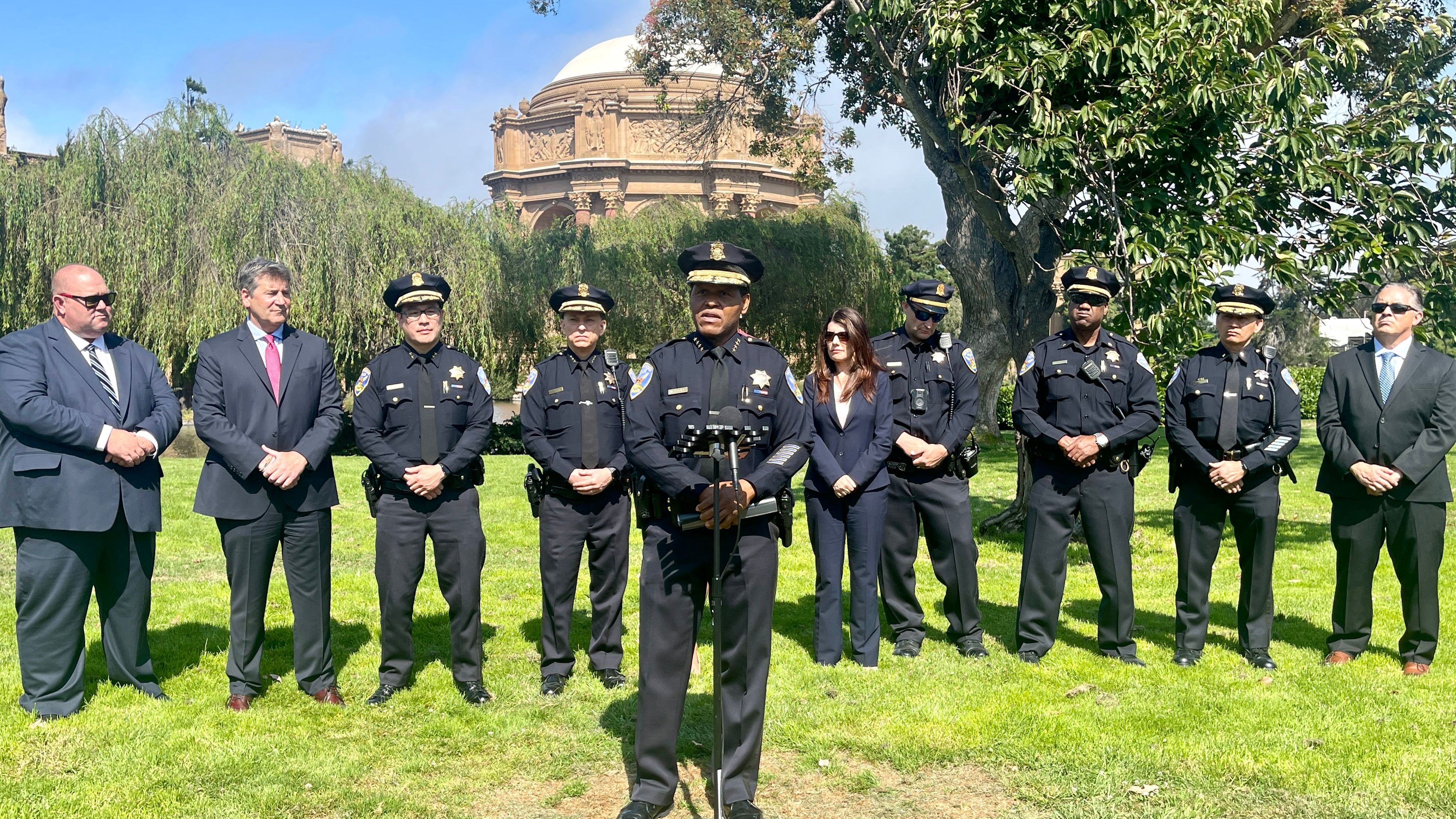 San Francisco Police Chief Bill Scott (center) holds a press conference at the Palace of Fine Arts to announce an intensive strategy to combat auto burglaries. Photo by Portia Li