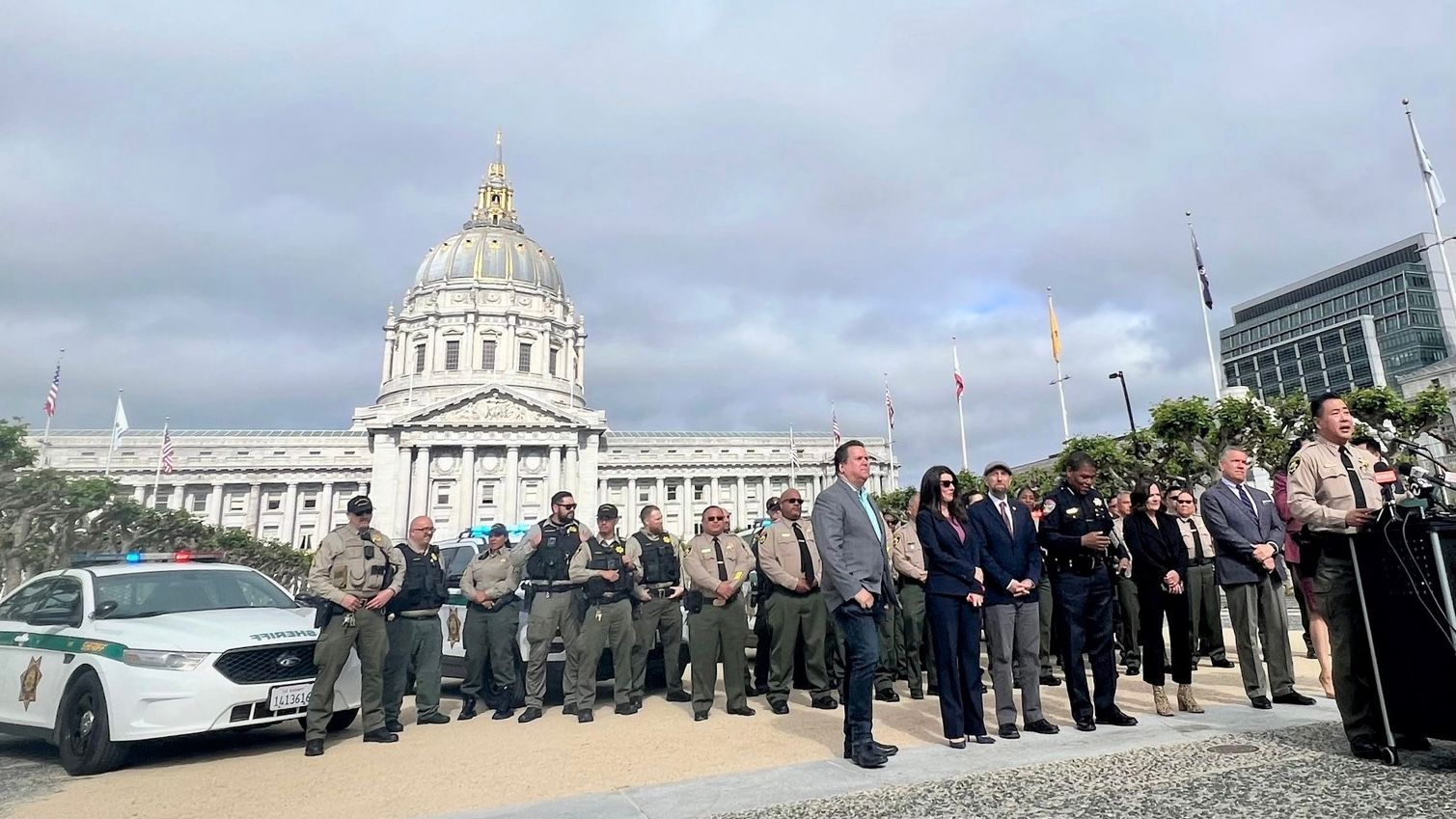 San Francisco Sheriff Paul Miyamoto (first from right) announces his plan on June 8 to activate the Sheriff’s Office Emergency Services Unit for open-air drug problem. Courtesy Ken Lomba