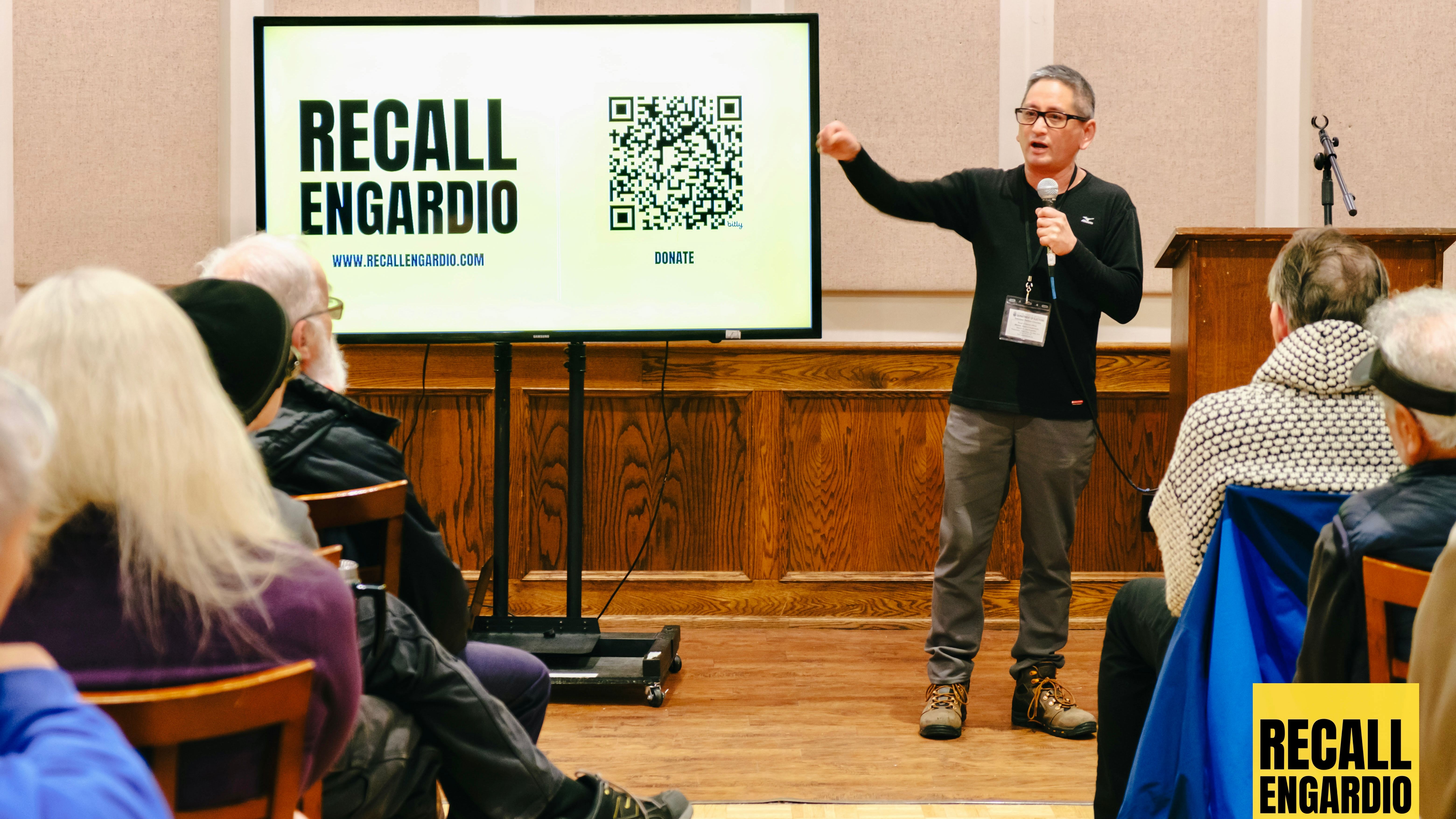 D4 merchant and community leader Albert Chow speaks in the kickoff rally at the United Irish Cultural Center in Sunset District on February 1 in support of the petition to recall D4 Supervisor Joel Engardio. Courtesy “Recall Engardio” campaign