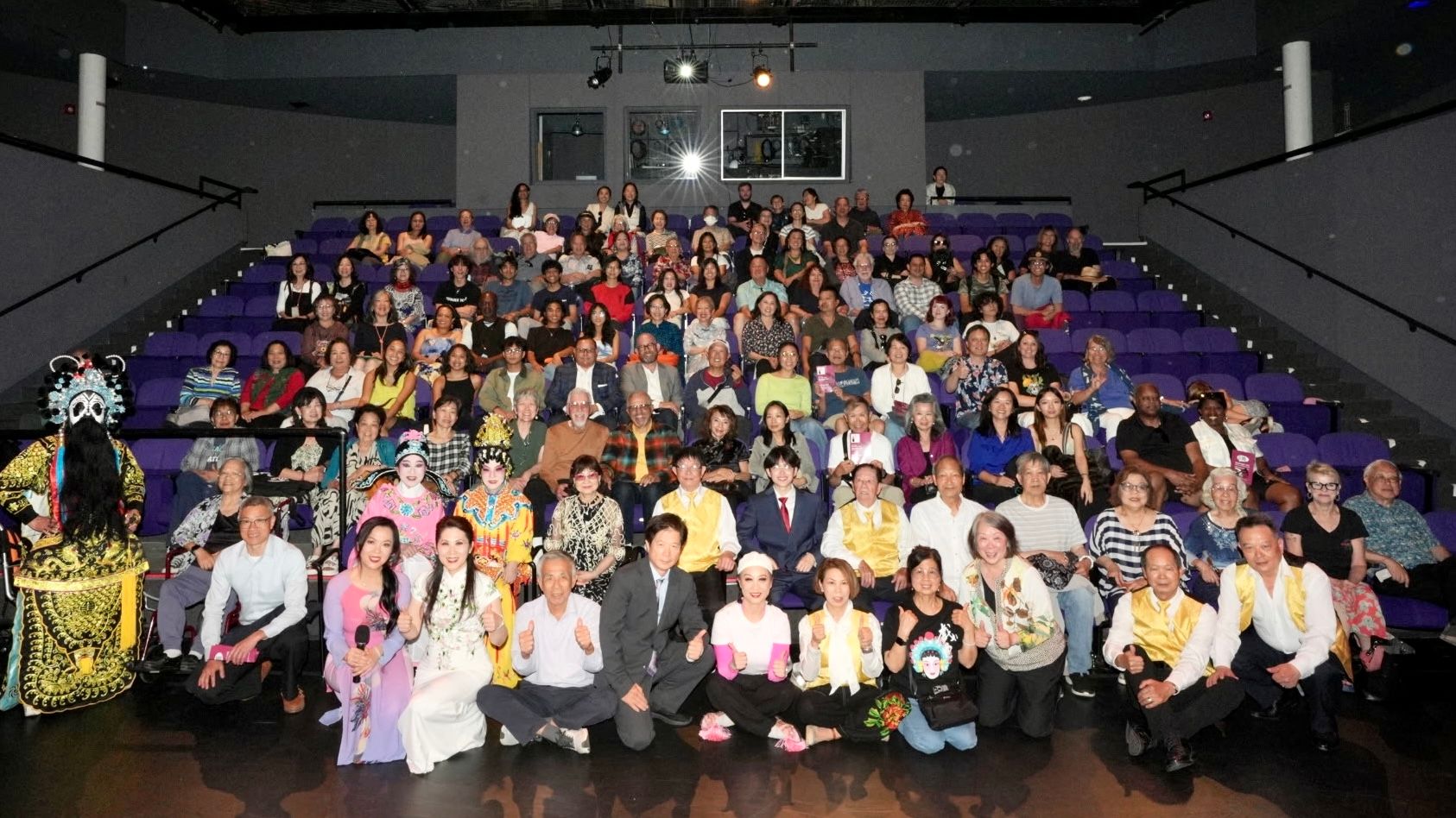 The full cast and crew of Jing Ying Cantonese Opera Talkbacks join with the audience who attend the show on August 30. The Jing Ying team promotes the art of Cantonese opera as part of a broader mission to celebrate the APIDA (Asian Pacific Islander Desi American) culture. Courtesy Zabrina Deng