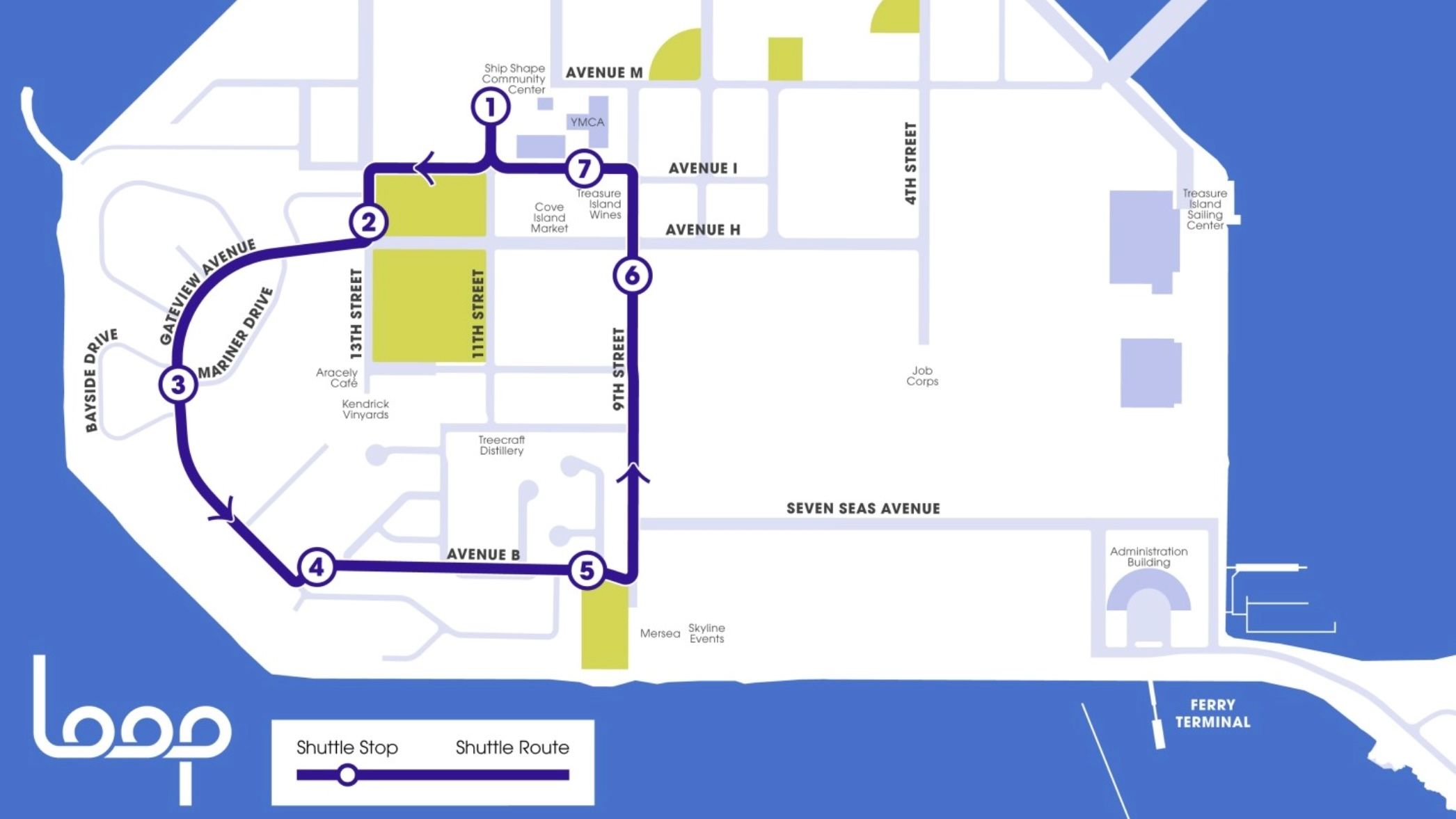 The Loop shuttle route is in a circle on the Treasure Island with 7 stops. Courtesy TIMMA