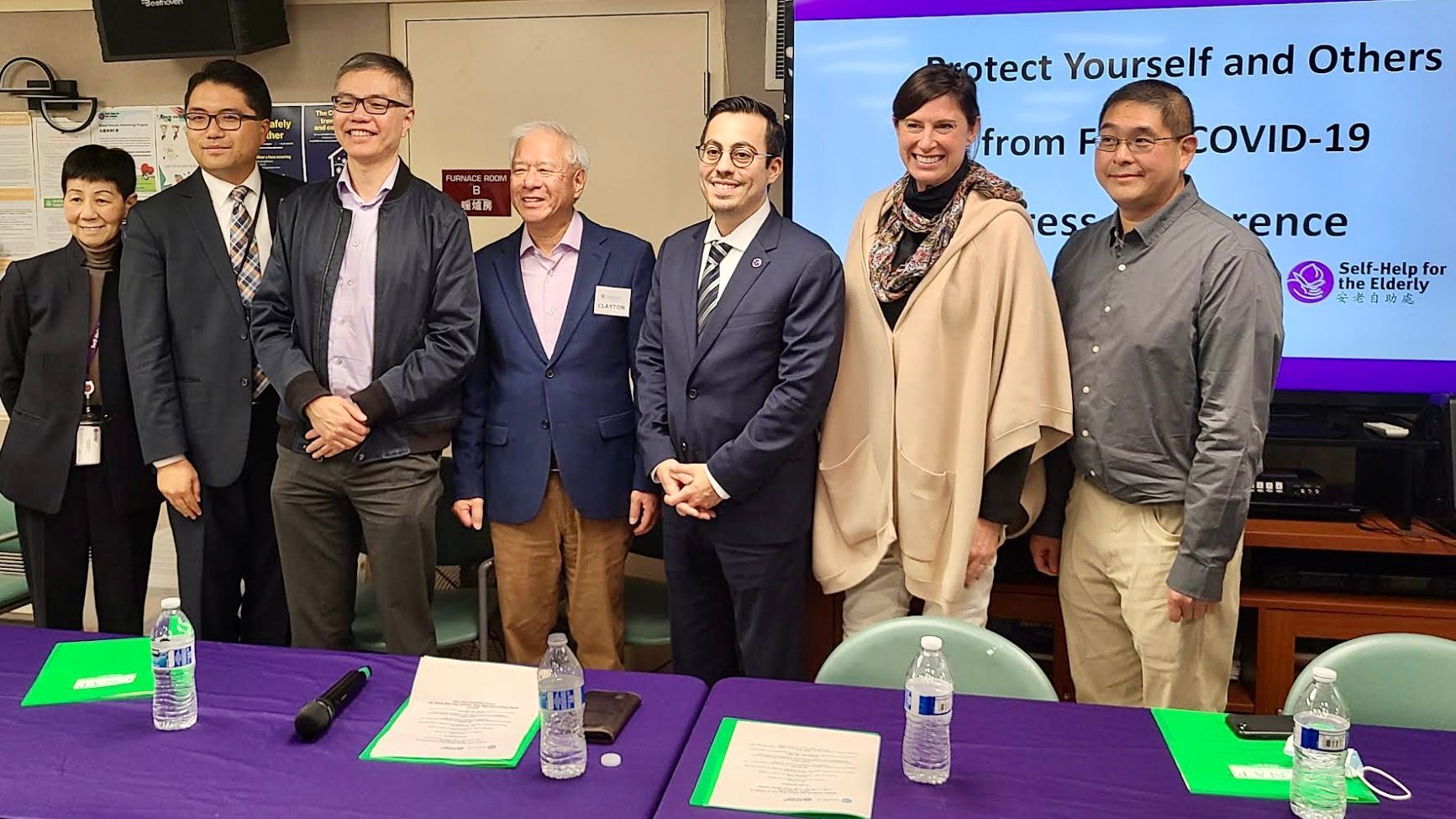 NAPCA CEO Clayton Fong (center) and Self-Help for the Elderly CEO Anni Chung (first left) co-host a joint event in San Francisco Chinatown to encourage community members get vaccinated. Courtesy NAPCA