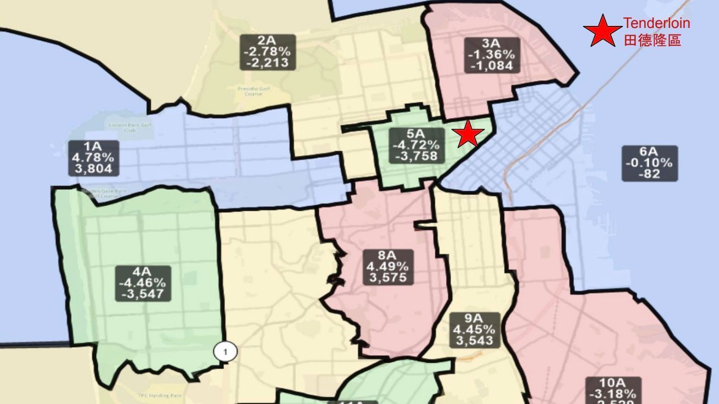 More draft maps are released including 4A which moves Tenderloin (red star area) into D5. Courtesy SF Redistricting Task Force