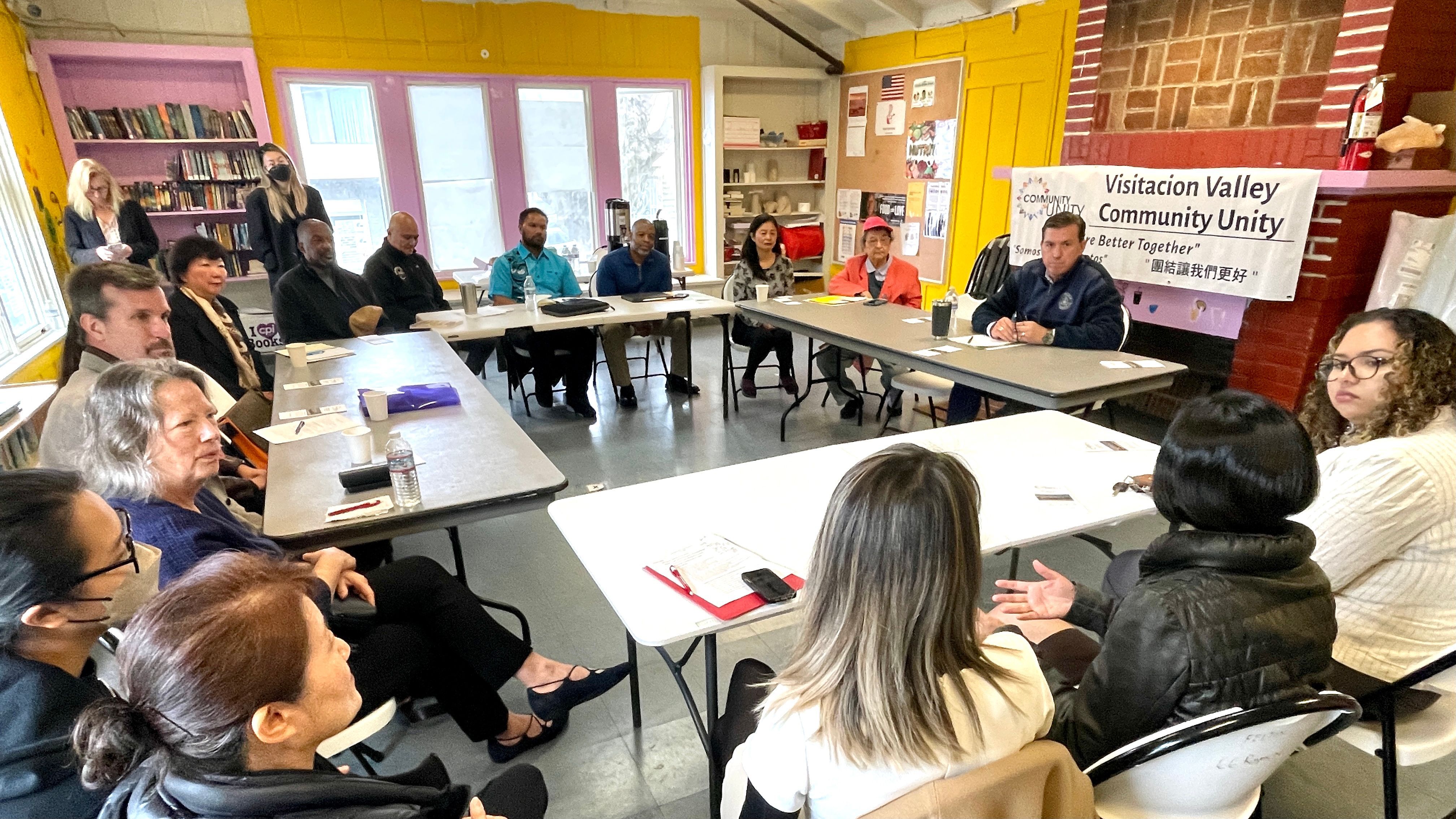 Congressman Kevin Mullin (at left table) holds a round table meeting with the community leaders at Visitacion Valley Community Center. Photo by Portia Li