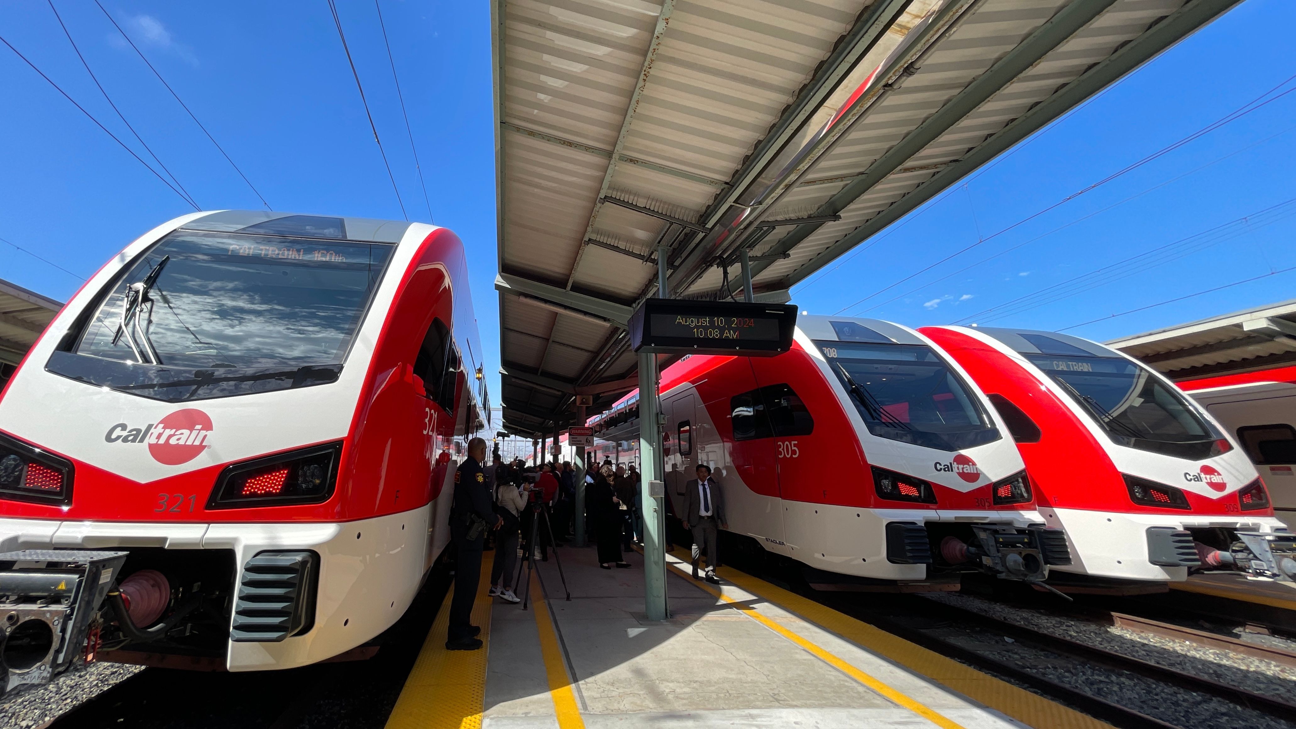 Caltrain’s new electric fleet provides a first ride on August 10, 2024. The new service will officially launched on September 21, 2024. Photo by Portia Li