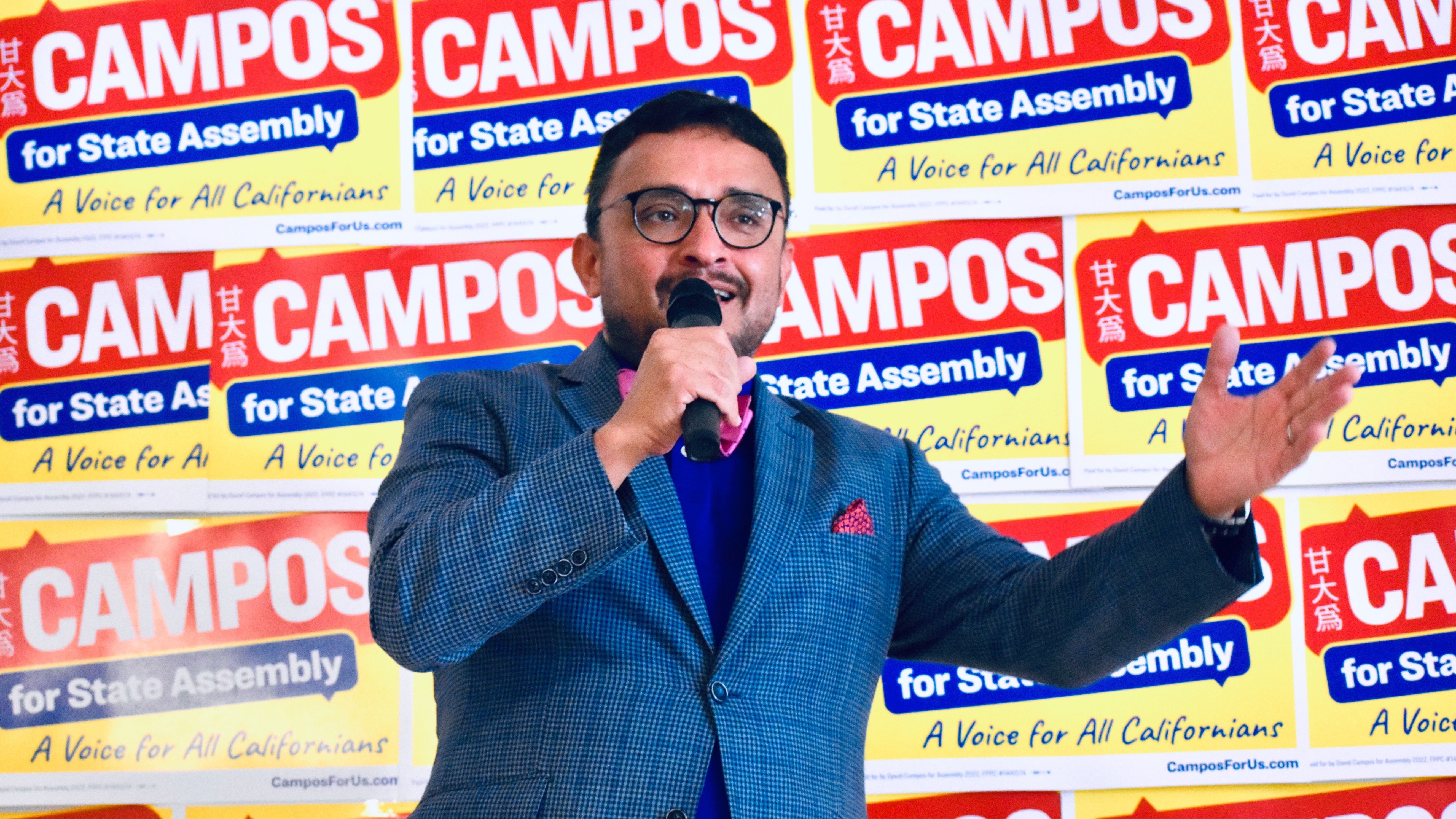 State Assembly candidate David Campos spoke at his campaign kickoff party. Photo by Portia Li