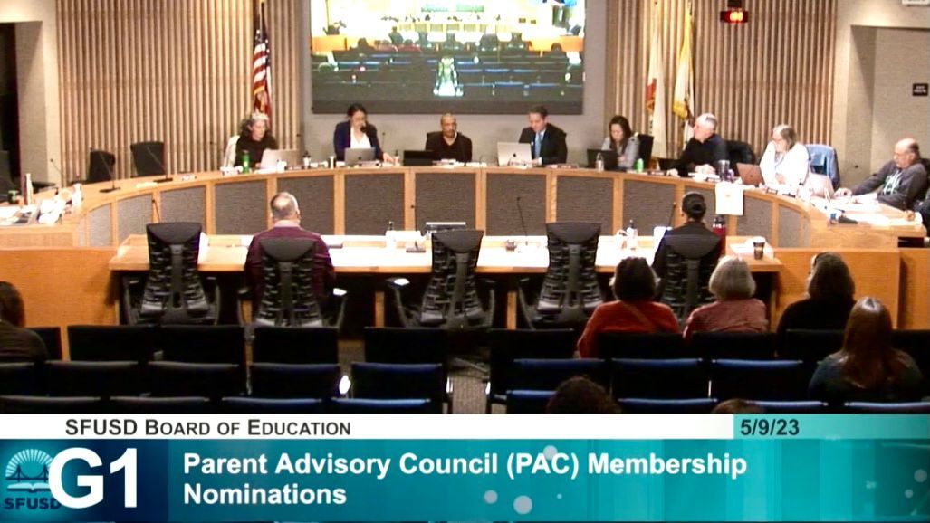 The San Francisco Board of Education discusses and votes on the controversial Parent Advisory Council membership nominations, which are opposed by the Chinese parents, at the May 9 meeting. Screenshot.