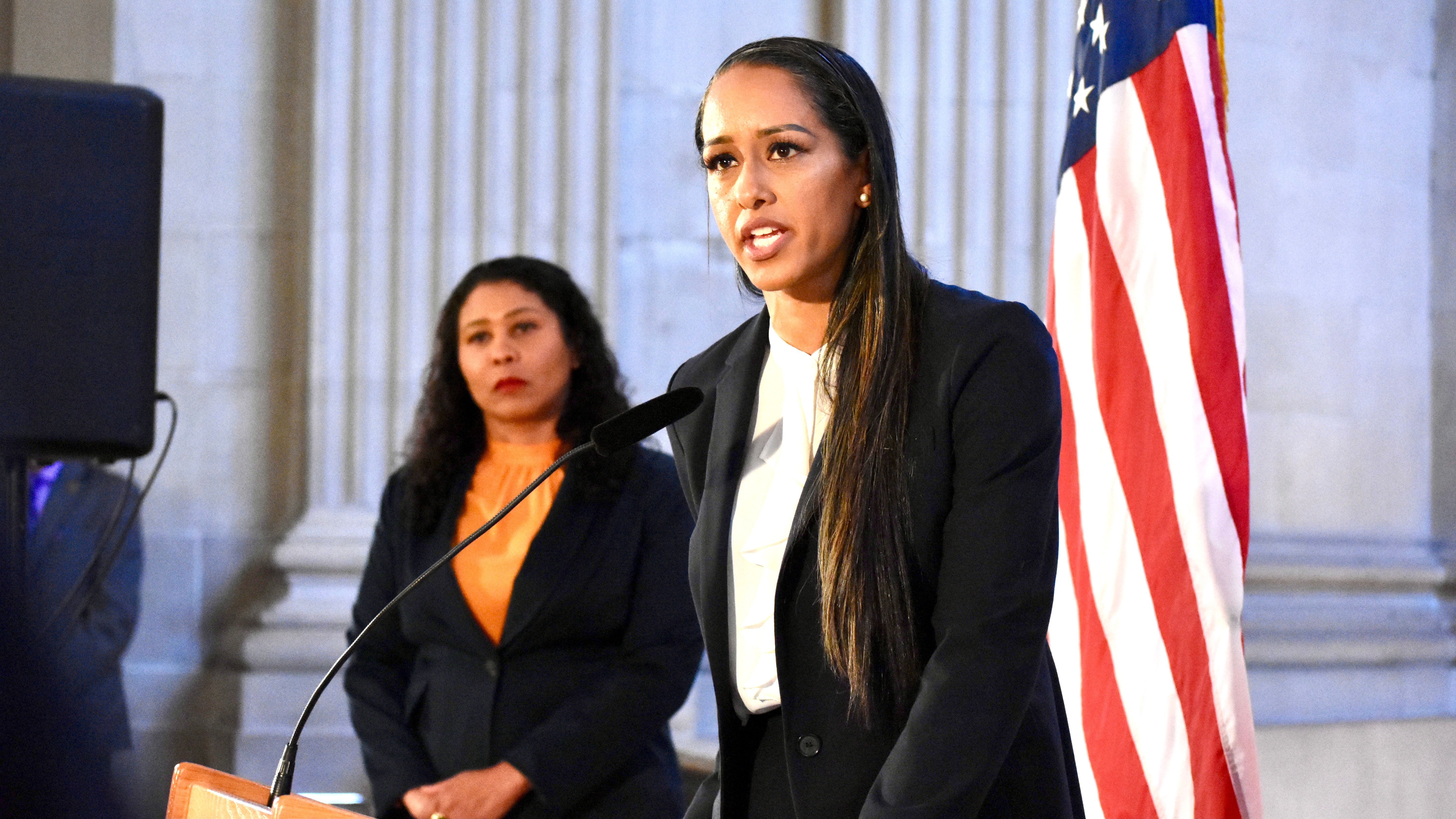 Mayor London Breed (left) announces the appointment of Brooke Jenkins as San Francisco District Attorney at City Hall. Photo by Portia Li