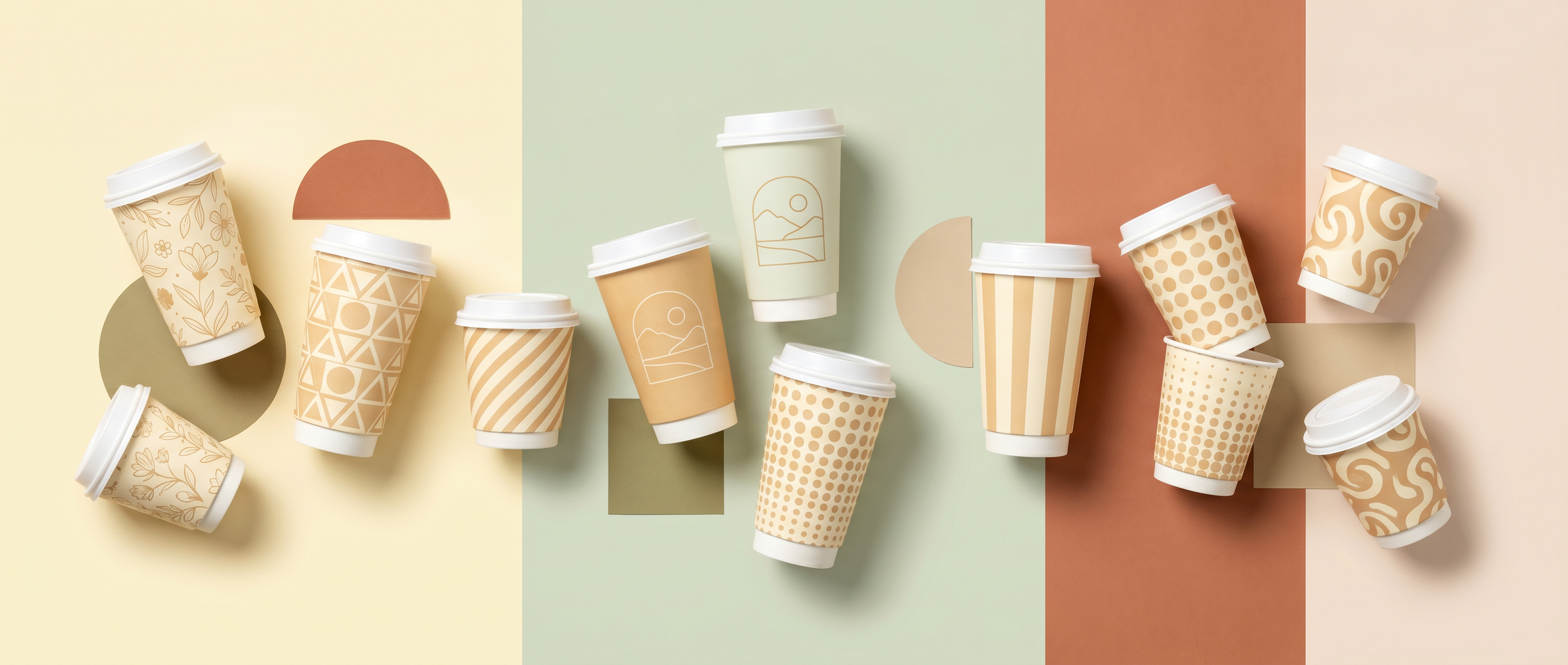 Patterned coffee cups on a colorful background