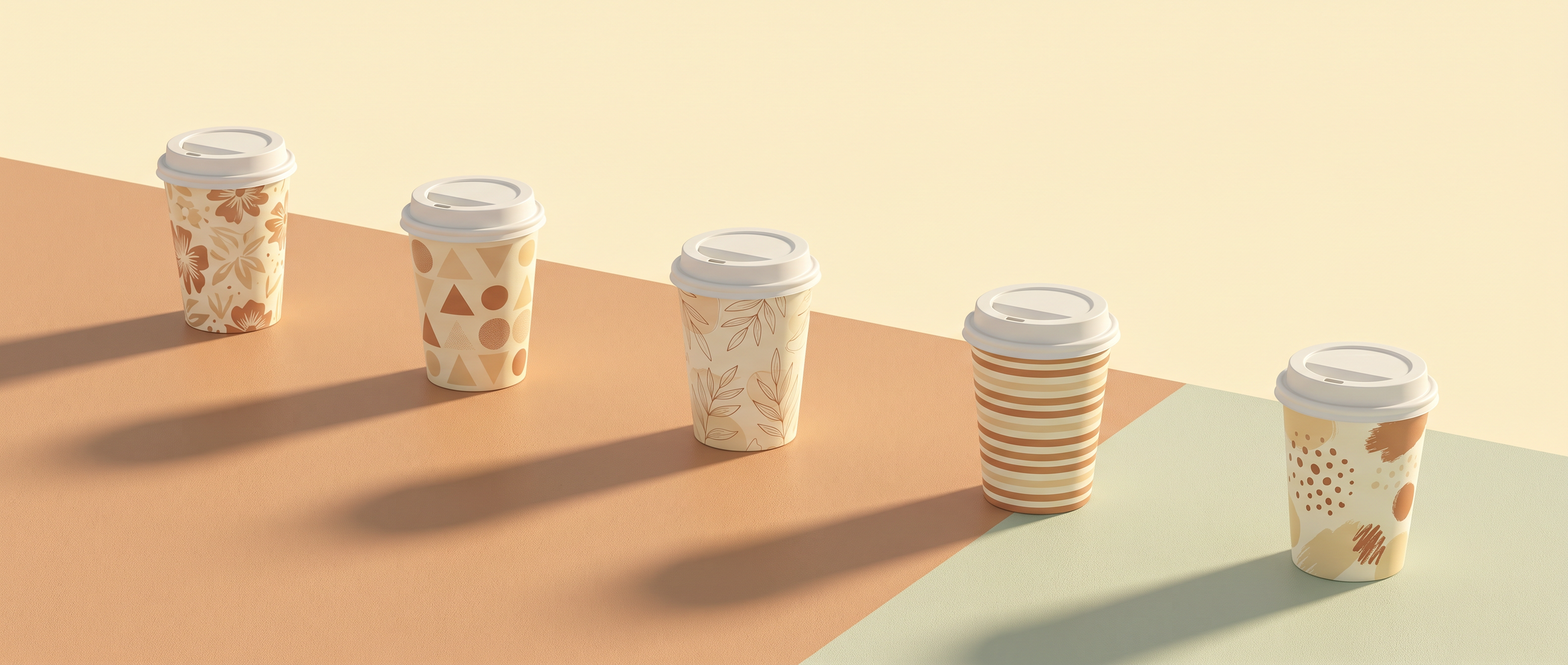 Five patterned coffee cups with lids arranged on a gradient surface
