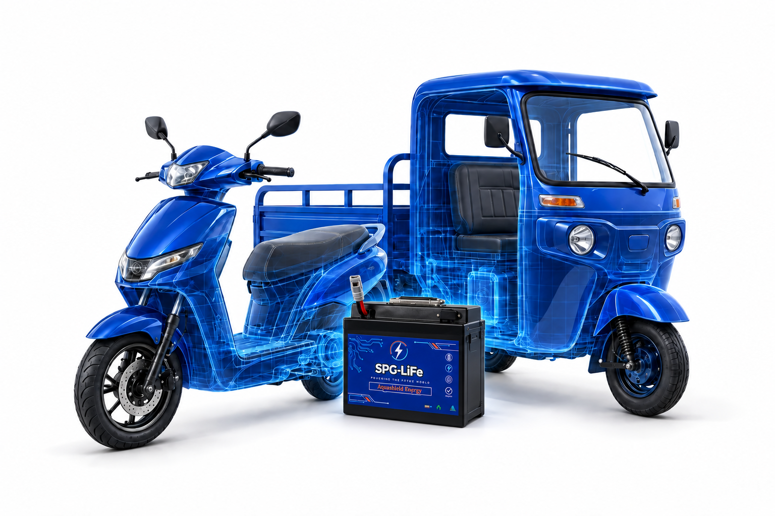 SPG LiFe mobility illustration: blue electric scooter and cargo three-wheeler with engineering mesh and a black SPG LiFe battery