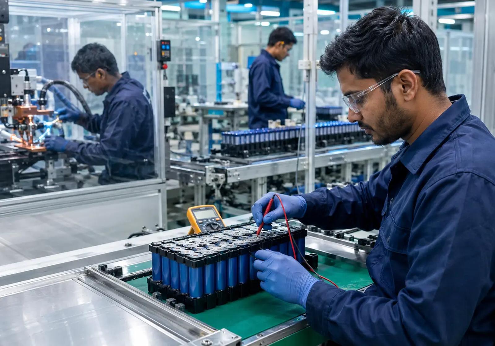 Illustration of a battery engineering team at work