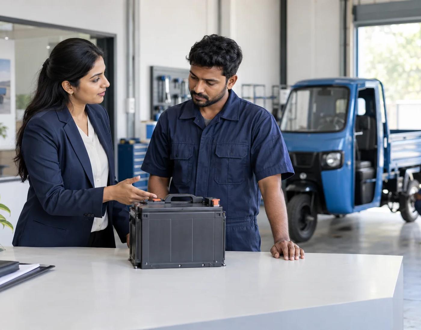 EV dealer and technician discussing batteries
