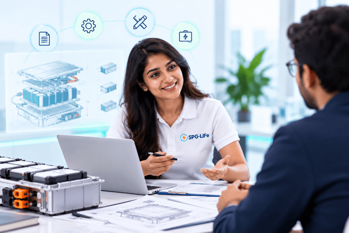 SPG LiFe application engineer discussing a battery requirement with a customer, alongside a four-step design arc, an exploded battery pack diagram and finished battery packs