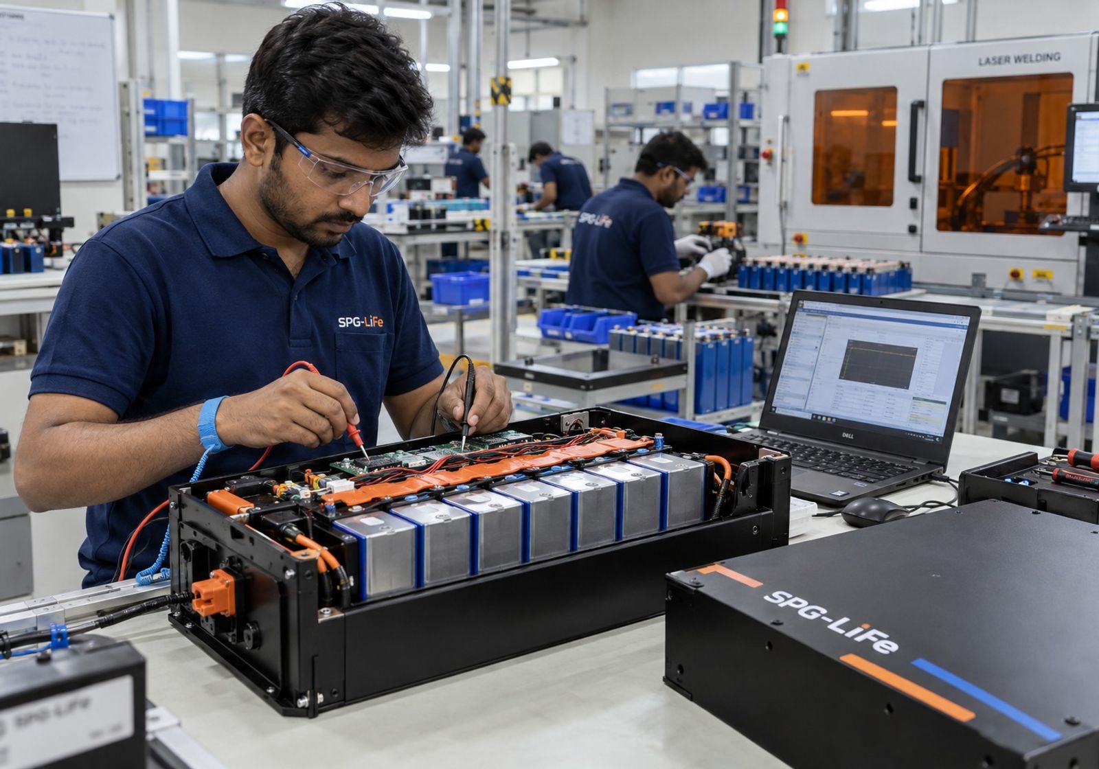 Illustration of a battery engineering team at work