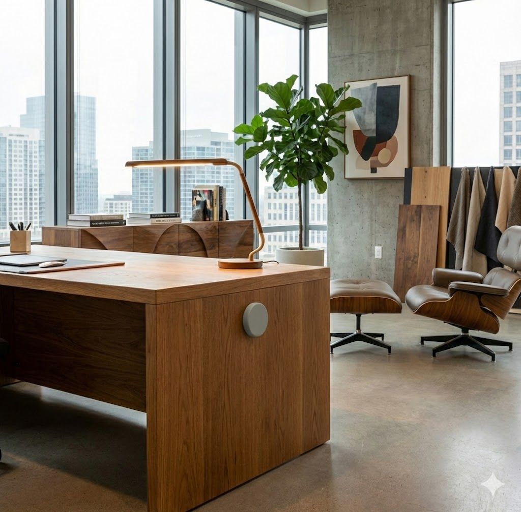 Illumra Kinetic Button Mounted on the side of a large oak desk