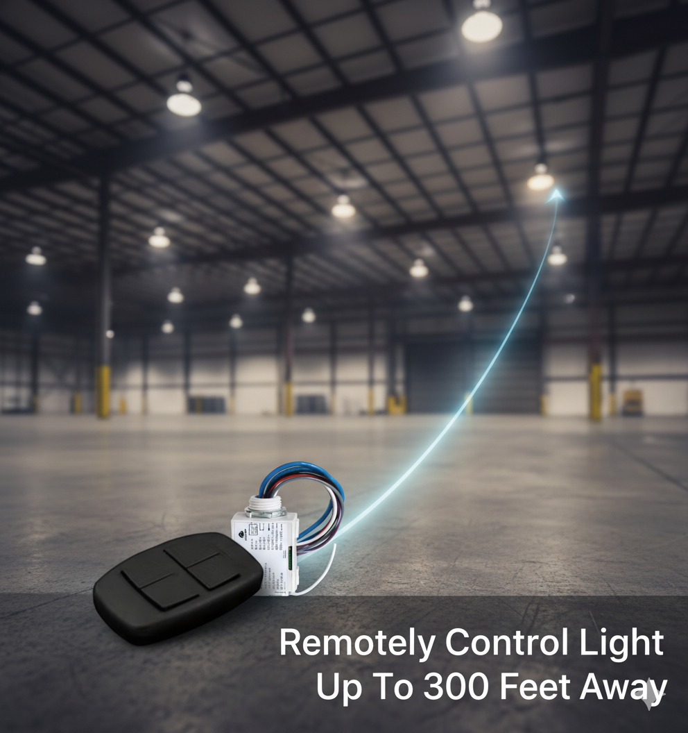 A remote control and receiver unit on a warehouse floor, with a blue line illustrating its ability to control overhead lights up to 300 feet away.