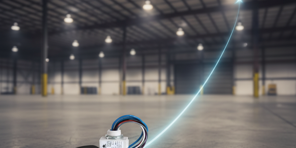 A remote control and receiver unit on a warehouse floor, with a blue line illustrating its ability to control overhead lights up to 300 feet away.