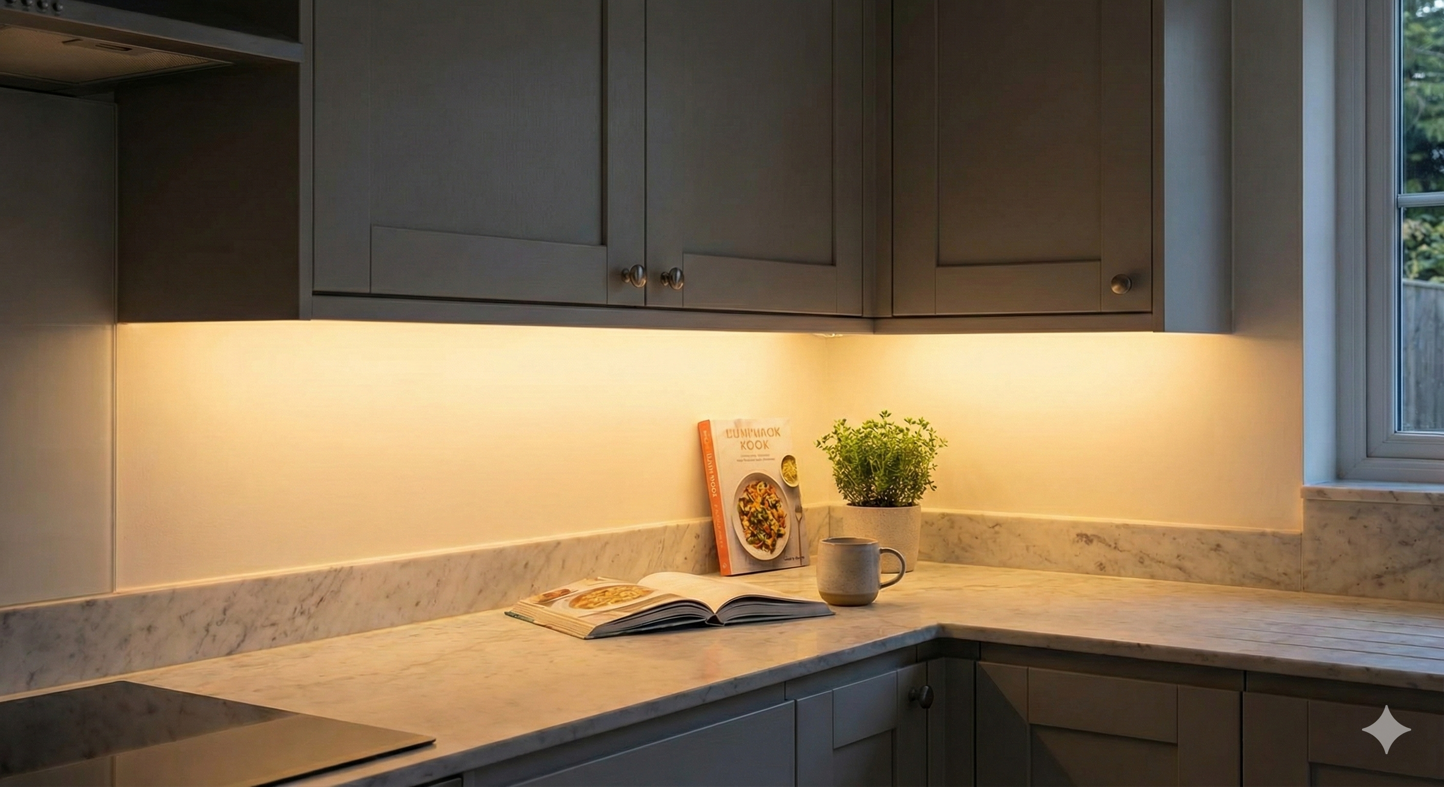 Modern kitchen with dark grey cabinets, light marble countertops, and warm under-cabinet lighting.