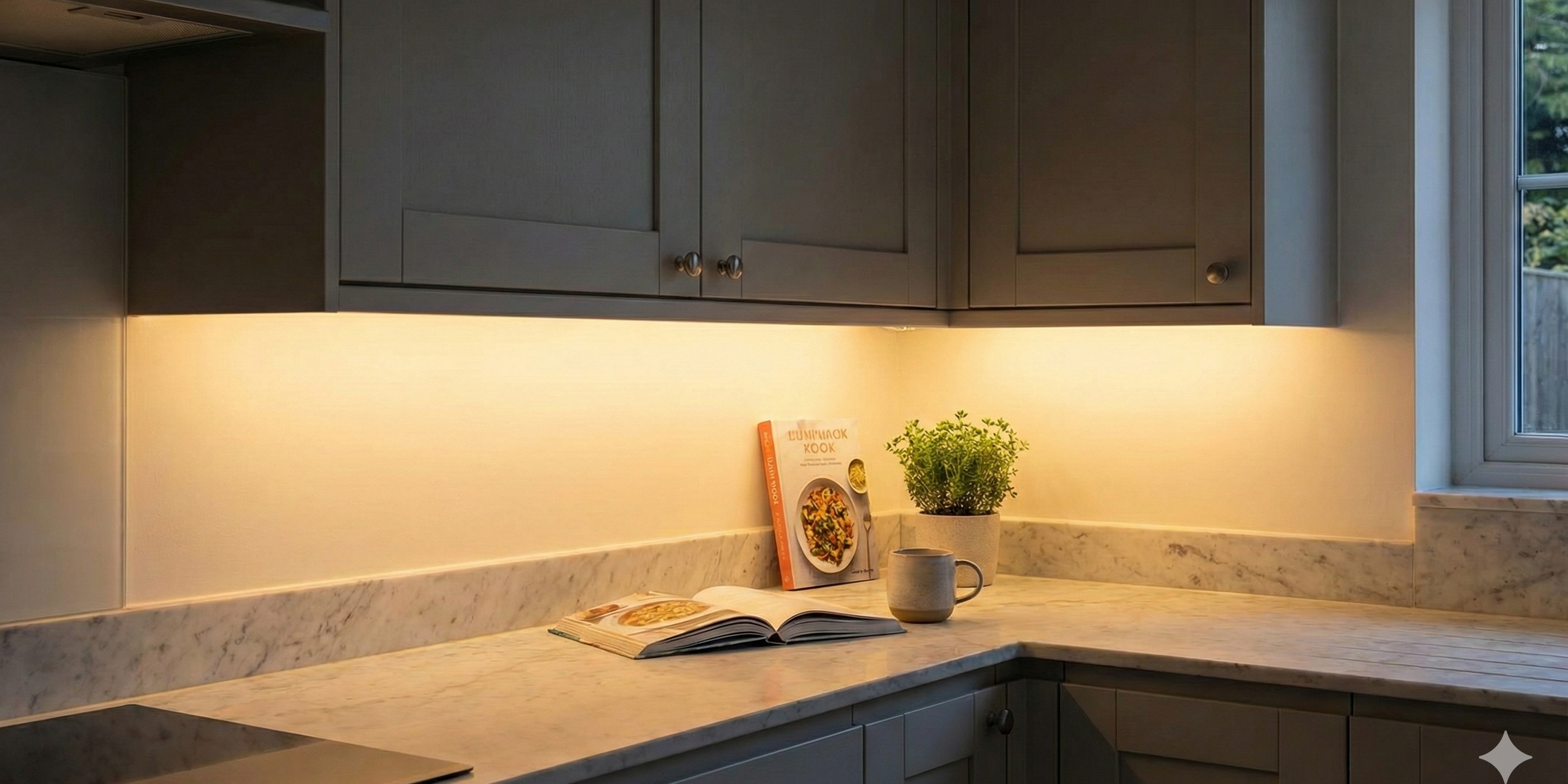 Modern kitchen with dark grey cabinets, light marble countertops, and warm under-cabinet lighting.