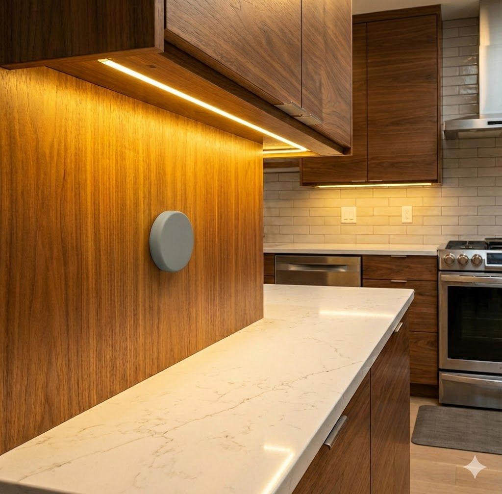 Modern kitchen with wood cabinets, white marble countertops, under-cabinet lighting, and a grey smart device on a wood panel.
