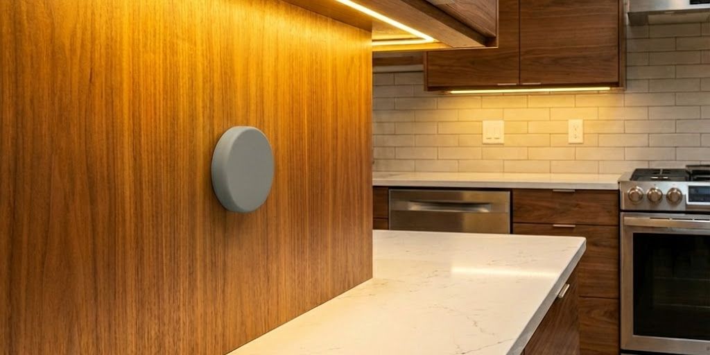 Modern kitchen with wood cabinets, white marble countertops, under-cabinet lighting, and a grey smart device on a wood panel.