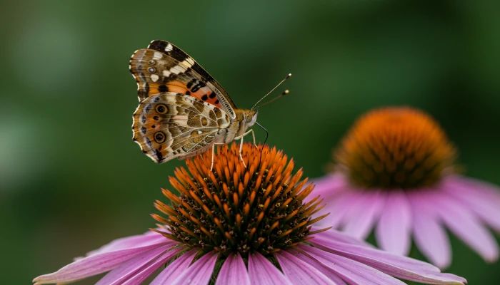 fotografia macro de uma borboleta pousada em uma flor Echinacea purpurea, EF 100mm F2.8L, luz do dia