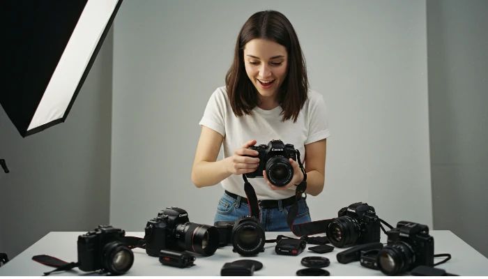 fotógrafa testando várias câmeras DSLRs