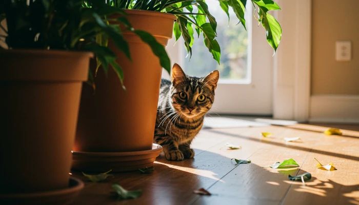 gato espreitando atrás de um vaso de plantas
