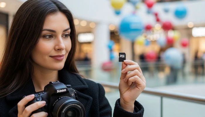 mulher olhando para um cartão microSD