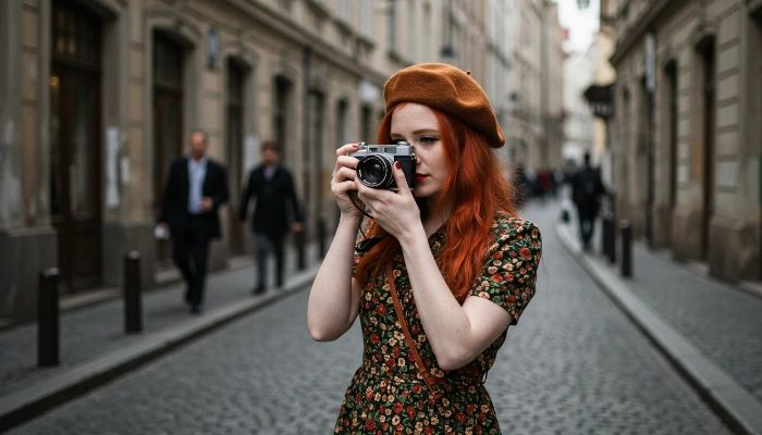 mulher fotografando a rua