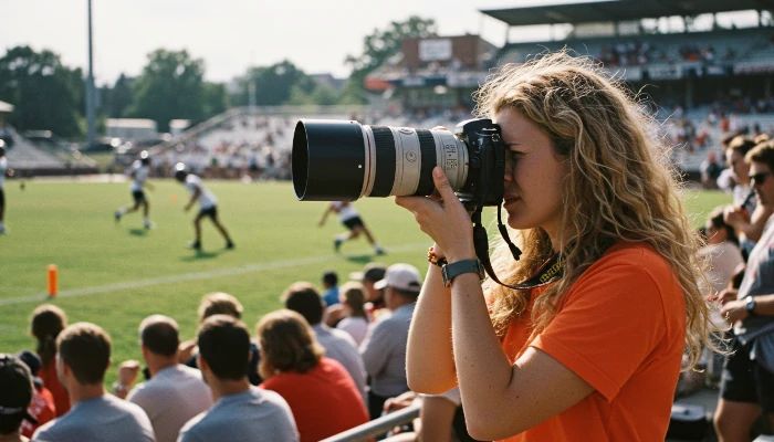 mulher fotografando esportes com uma lente telephoto