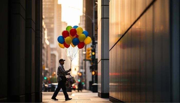 cena urbana homem com balões