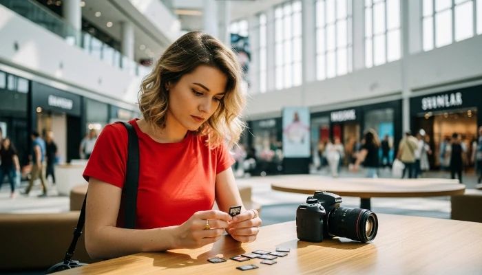 jovem mulher com uma câmera DSRL escolhendo cartões de memória MicroSD sobre uma mesa