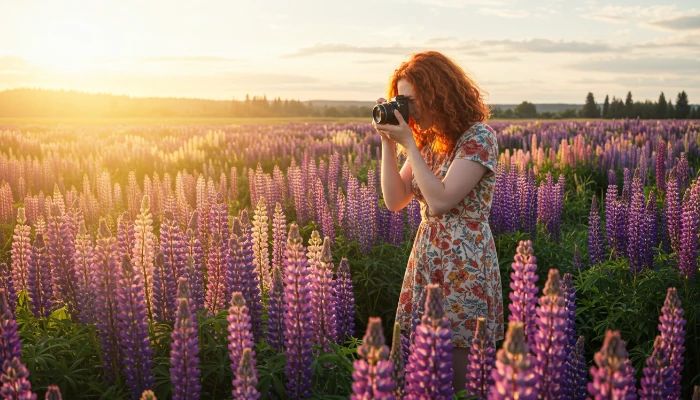mulher fotografando campo de lupinus nootkatensis