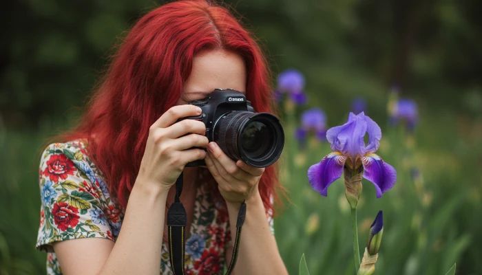 mulher fotografando uma flor