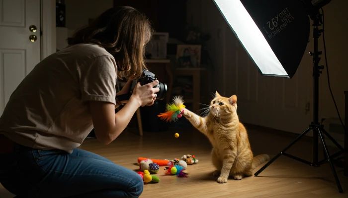 fotógrafa usando brinquedos para conseguir a melhor foto do gato