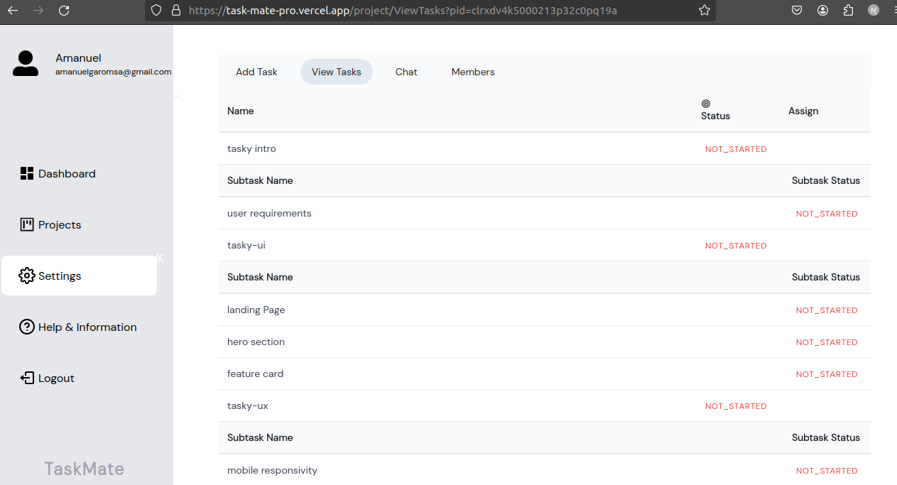 taskMate - project tasks table 