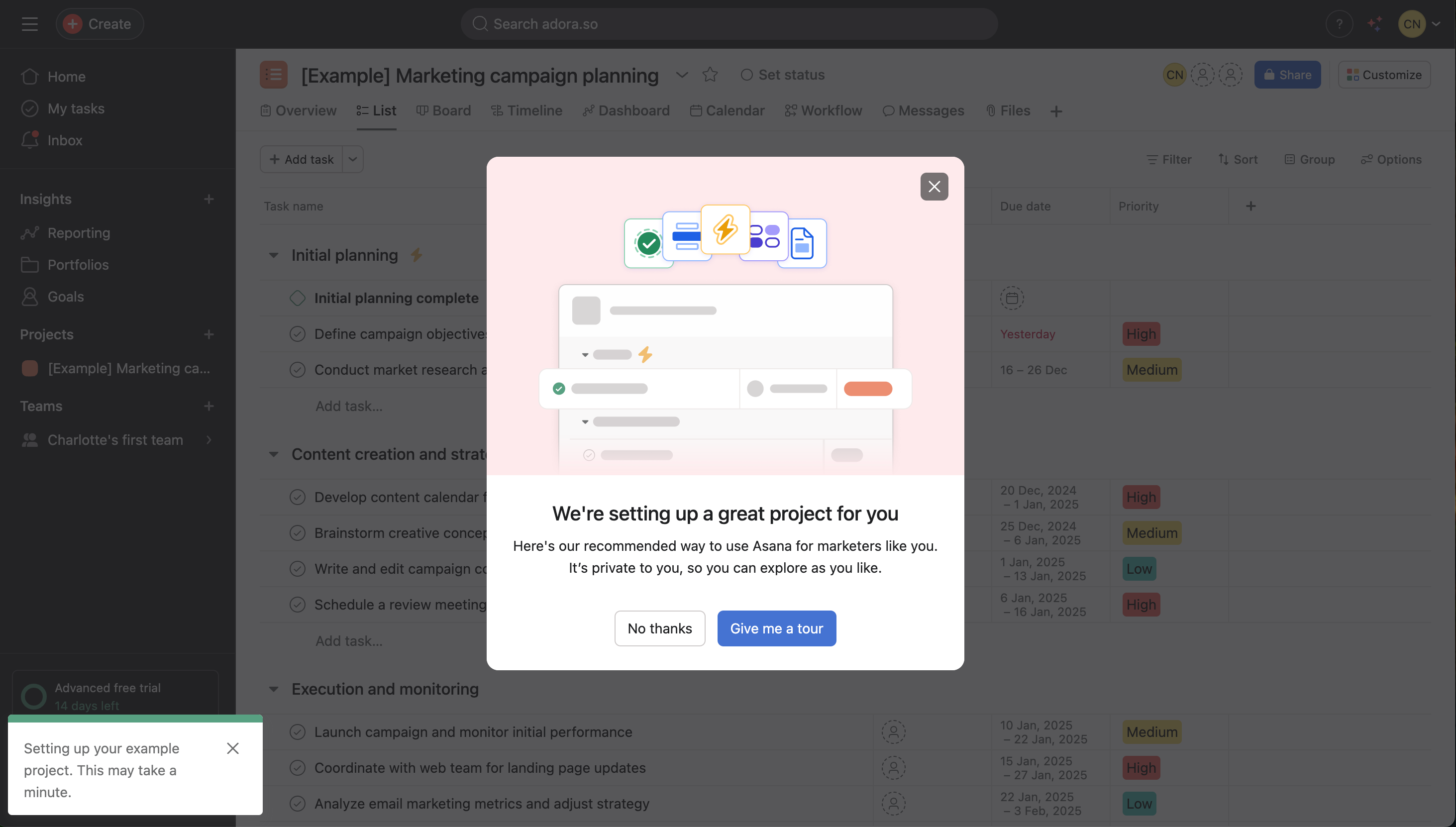 Asana popup modal