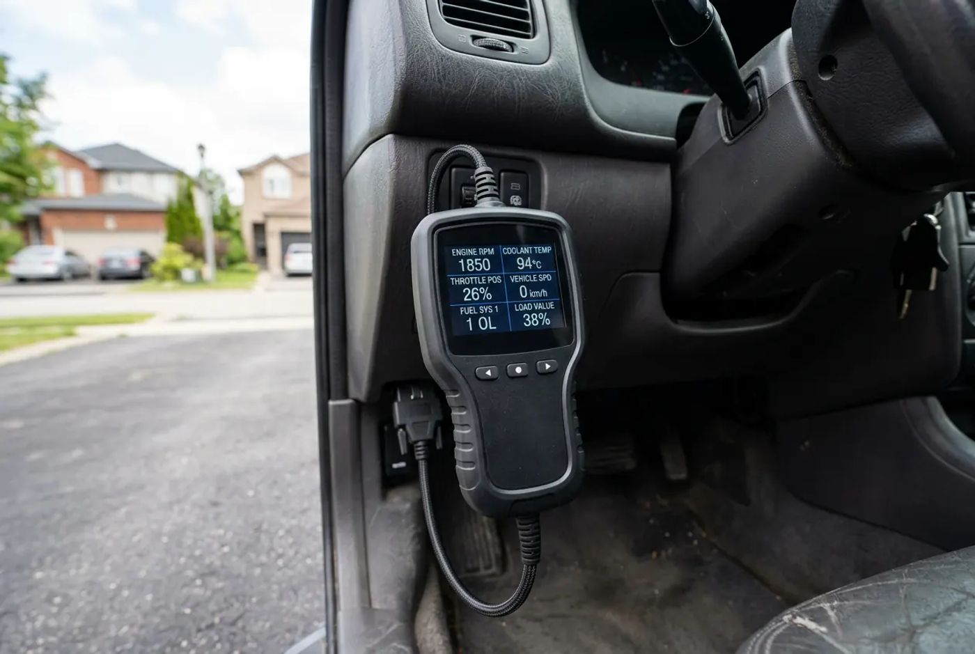 OBD2 diagnostic scanner plugged into a car's dashboard port showing live engine data