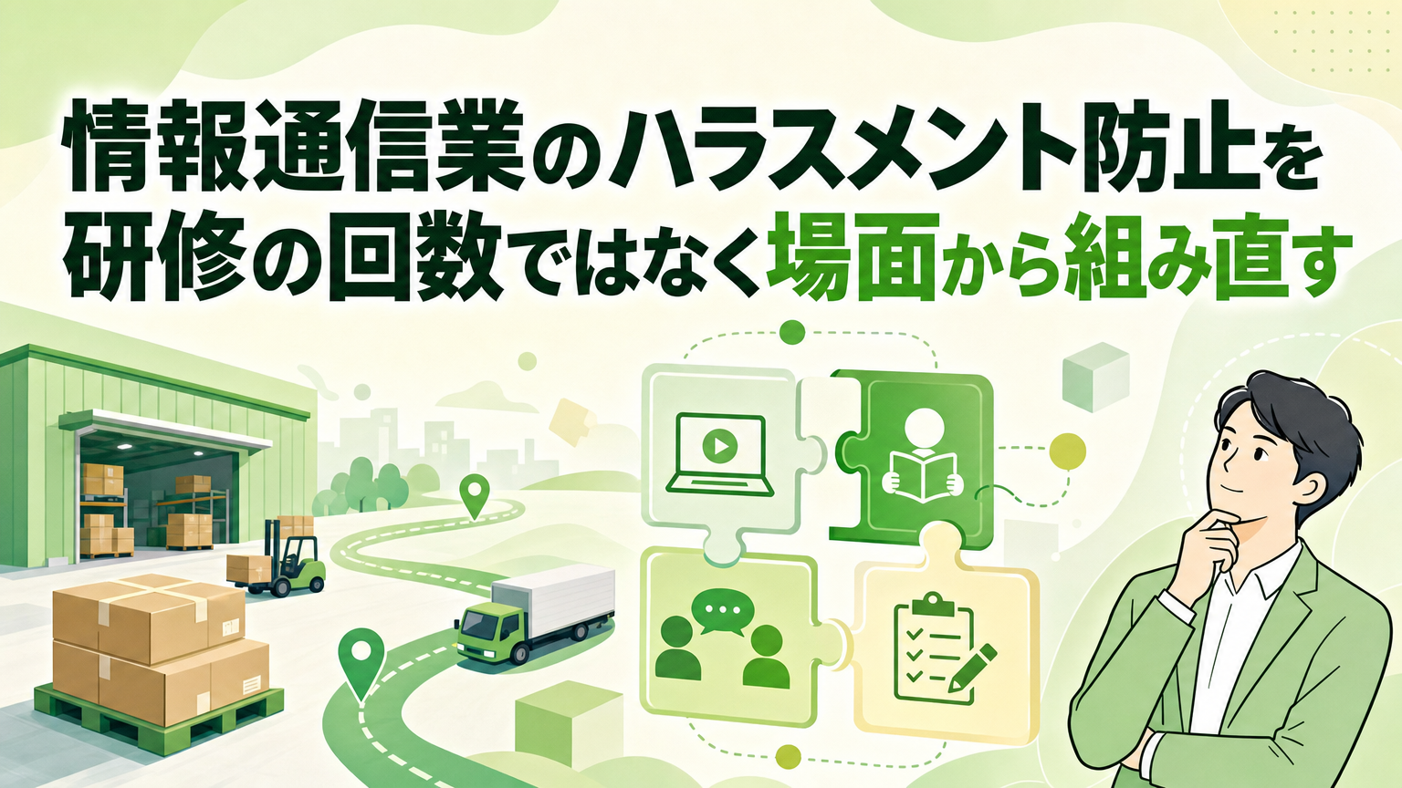 情報通信業のハラスメント防止を研修の回数ではなく場面から組み直すの内容を表すビジネス研修のイメージ