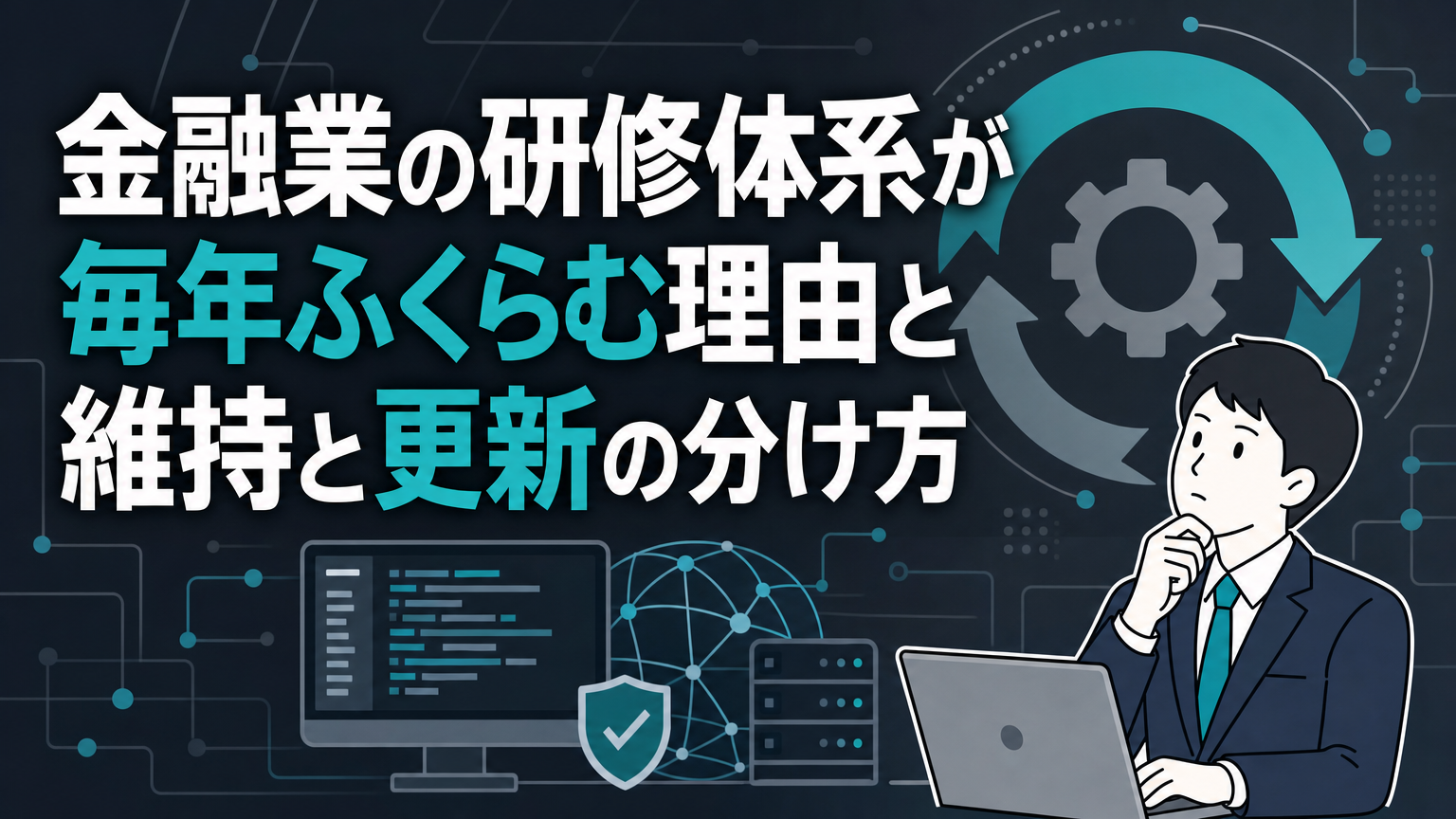 金融業の研修体系が毎年ふくらむ理由と維持と更新の分け方の内容を表すビジネス研修のイメージ