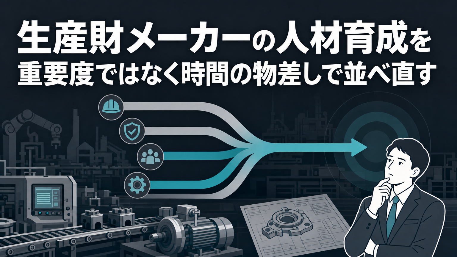 生産財メーカーの人材育成を重要度ではなく時間の物差しで並べ直すの内容を表すビジネス研修のイメージ