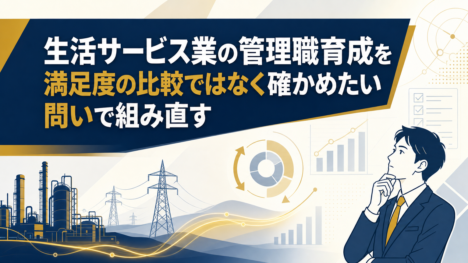 生活サービス業の管理職育成を満足度の比較ではなく確かめたい問いで組み直すの内容を表すビジネス研修のイメージ