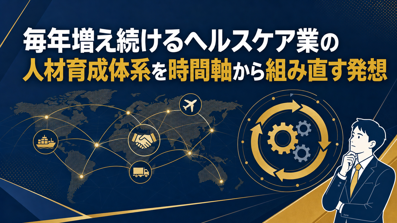 毎年増え続けるヘルスケア業の人材育成体系を時間軸から組み直す発想の内容を表すビジネス研修のイメージ