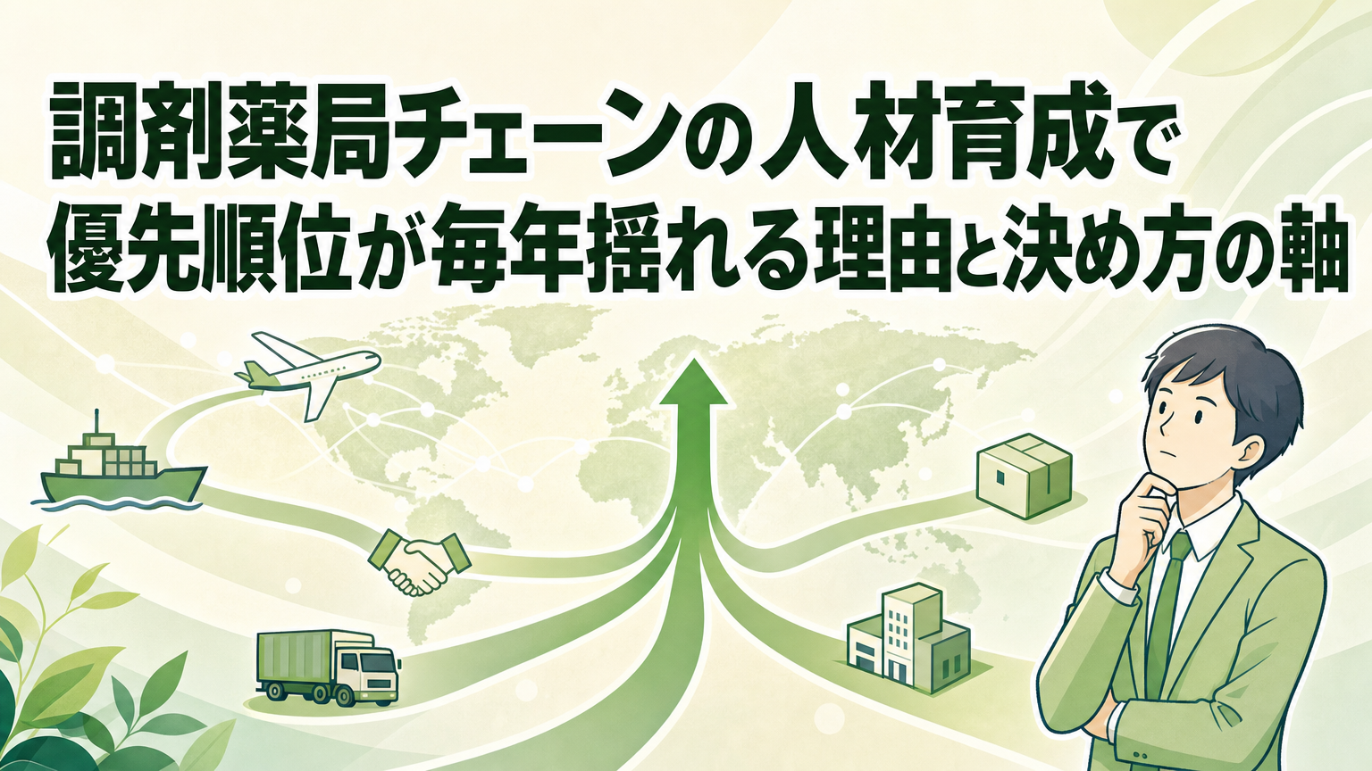 調剤薬局チェーンの人材育成で優先順位が毎年揺れる理由と決め方の軸の内容を表すビジネス研修のイメージ